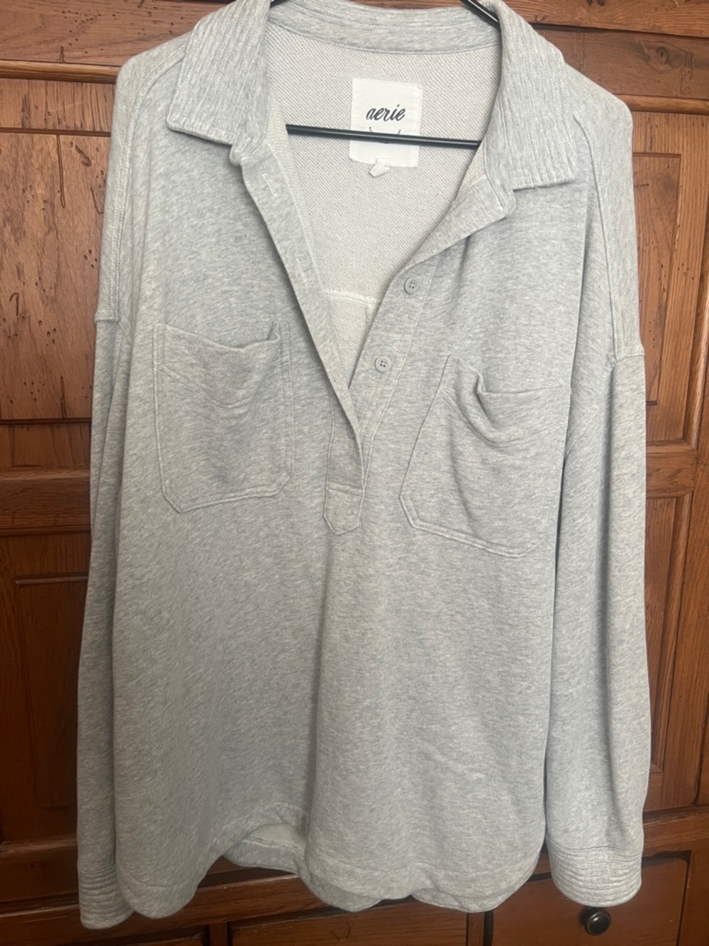 aerie Light Gray Collared Pullover with Chest Pockets